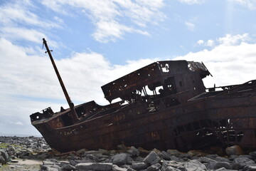 Plassey shipwreck stranded on rocks. Ship side close up. Ship silhouette. Inisheer. Aran Island....