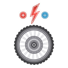 Electric bike hub wheel motor icon. E-bike power engine, tire. Electro equipment for pedal hybrid bicycle. Electrical accumulator battery charge. Lightning sign. Motorized cycling transport. Vector