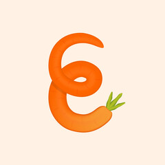 E letter logo made of carrot. Vector hand made organic vegatable font. Useful for vegatable logo, ecology and organic elements, vegan identity etc.
