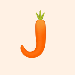J letter logo made of carrot. Vector hand made organic vegatable font. Useful for vegatable logo, ecology and organic elements, vegan identity etc.