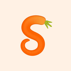 S letter logo made of carrot. Vector hand made organic vegatable font. Useful for vegatable logo, ecology and organic elements, vegan identity etc.