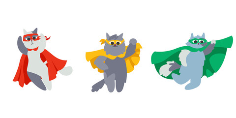 Set of different superhero cats. Fictional characters in cartoon style