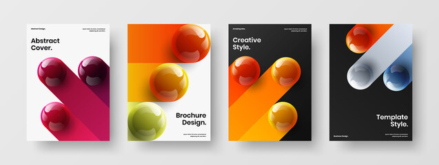 Minimalistic brochure vector design illustration bundle. Geometric realistic spheres corporate identity layout set.