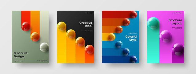 Bright leaflet A4 vector design template composition. Original realistic spheres pamphlet layout set.