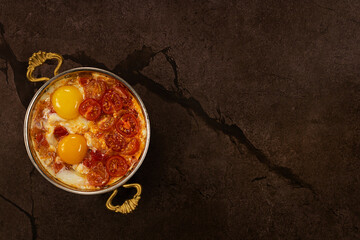 Delicious shakshuka on a brown background. Top view