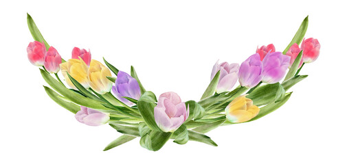 Fototapeta premium Bouquet of tulips. Spring floral wreath. Watercolor flowers. Easter greeting card. Yellow, pink, red, purple tulip with leaves