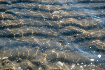 scallops of sand under transparent sea water on the beach