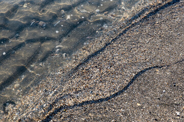 scallops of sand under transparent sea water on the beach