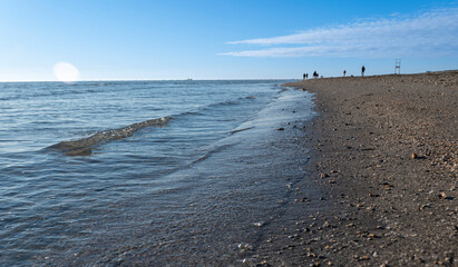 sandy beach against a clear sky and people in the background