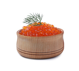 Wooden bowl of delicious red caviar and dill isolated on white