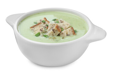 Delicious asparagus soup with croutons and green onion on white background