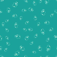 Green Drying clothes icon isolated seamless pattern on green background. Clean shirt. Wash clothes on a rope with clothespins. Clothing care and tidiness. Vector