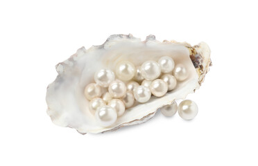 Fototapeta na wymiar Oyster shell with pearls on white background