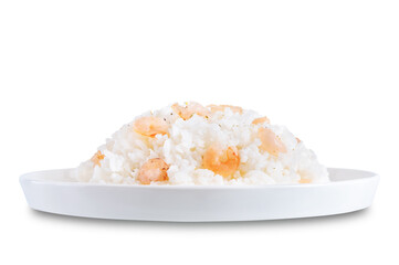 Garlic cream shrimp rice in a plate on a white isolated background