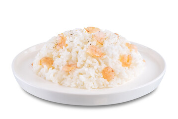Garlic cream shrimp rice in a plate on a white isolated background