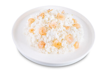 Garlic cream shrimp rice in a plate on a white isolated background