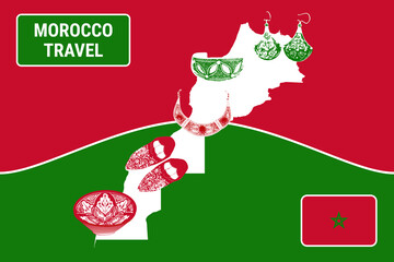 Morocco travels, Moroccan cultural symbols SET, kingdom of morocco map and flag