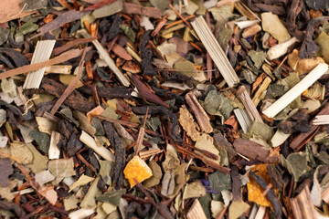 Mixture of healthy herbal Organic Dry Chai Tea full frame as background. Macro.