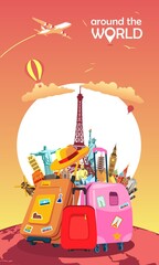 Image of Traveling the world on vacation, famous  landmark symbols and suitcases vector poster design. printed on Printed Glass Basin Splashbacks