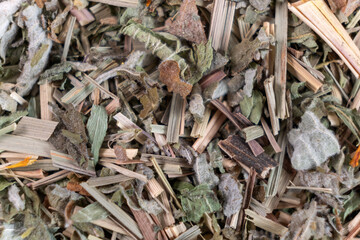 HD Mixture of healthy herbal Organic Dry Chai Tea full frame as background. Macro.