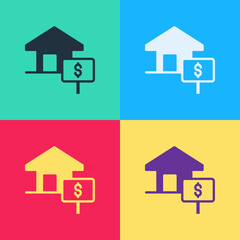 Pop art House with dollar symbol icon isolated on color background. Home and money. Real estate concept. Vector