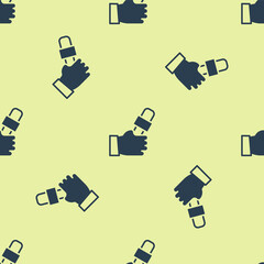 Blue Journalist hand holding microphones performing interview icon isolated seamless pattern on yellow background. Vector