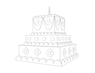 fancy 3d cake coloring page for adults. perspective view illustration. you can print it on standard 8.5x11 inch paper