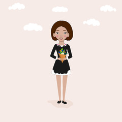 Beautiful Cute and Stylish Girl Holding Bouquet of Flowers,Smiling Little Girl in Short Black Dress.