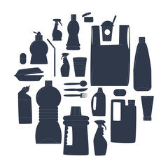 Fototapeta premium Diverse plastic bottles, packages, disposable tableware on a white background. Concept of plastic pollution problem. Silhouette illustration. Flat vector.