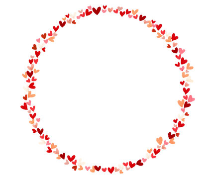 Marco circular / Corona de pequeños corazones  sobre fondo blanco hecho a mano con marcadores punta pincel de colores en la gama de los rojos. Se puede usar como fondo para escribir una frase adentro
