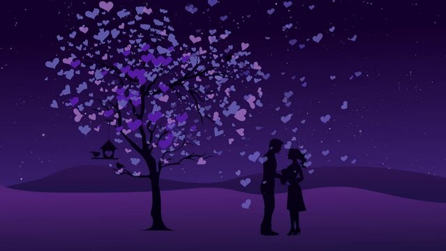 Valentines day graphic animation in purple. Concept of love and Valentine Day. Tree with flying heart shaped leaves.Silhouette of a couple in love looking at each other, hugging and kissing at night.
