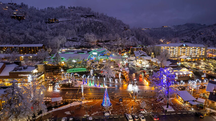 Gatlinburg Tennessee strip at Christmas time with snow