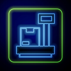 Glowing neon Scale with cardboard box icon isolated on blue background. Logistic and delivery. Weight of delivery package on a scale. Vector