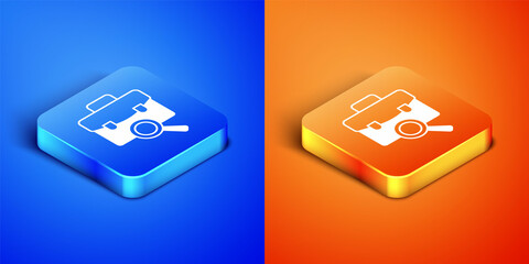 Isometric Magnifying glass with briefcase icon isolated on blue and orange background. Job hunting. Work search concept. Unemployment, head hunting, career. Square button. Vector