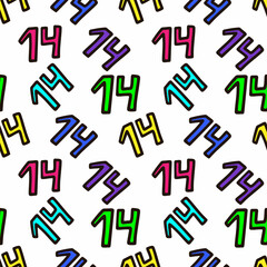 Seamless pattern with multicolored number 14 . Vector illustration. Design for Valentines Day