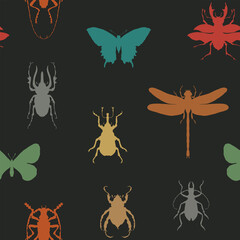 Childish seamless pattern with colored silhouettes of various insects. Repeating vector background with butterflies, beetles, dragonfly on a black backdrop. Wallpaper, wrapping paper or fabric design