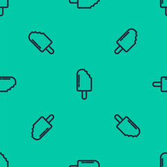 Blue line Ice cream icon isolated seamless pattern on green background. Sweet symbol. Vector