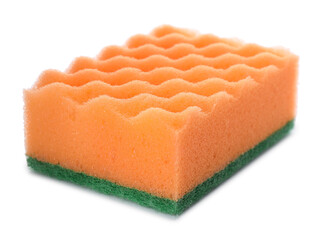Orange cleaning sponge with abrasive green scourer isolated on white
