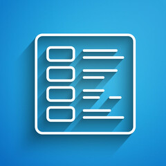 White line Business finance report icon isolated on blue background. Audit and analysis, document, plan symbol. Long shadow. Vector