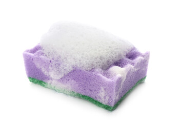 Obraz na płótnie Canvas Purple cleaning sponge with foam on white background