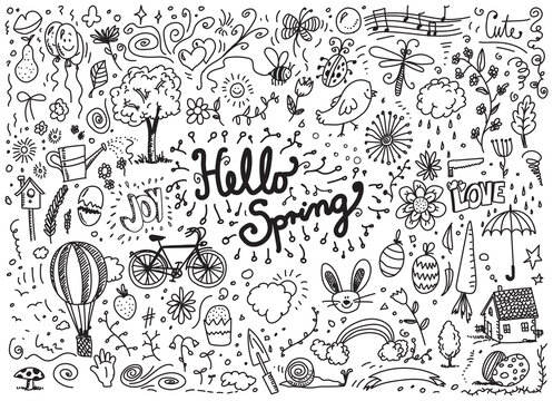 Hello spring cute vector doodles on white background
