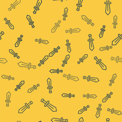 Blue line Sword for game icon isolated seamless pattern on yellow background. Vector