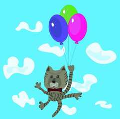 The cat flies on three balloons