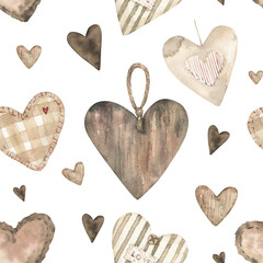 Watercolor wooden hearts seamless pattern. Cute Valentines Day.