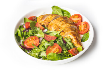 Grilled chicken breast with geen salad from fresh vegetable salad