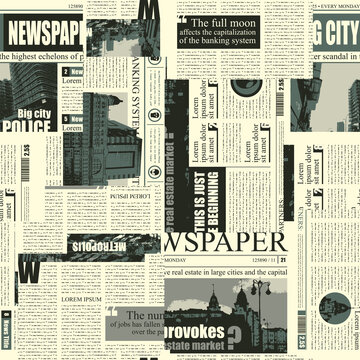 Seamless pattern with a collage of newspaper or magazine clippings in retro style. Monochrome vector background with titles, illustrations and imitation of text. Wallpaper, wrapping paper, fabric