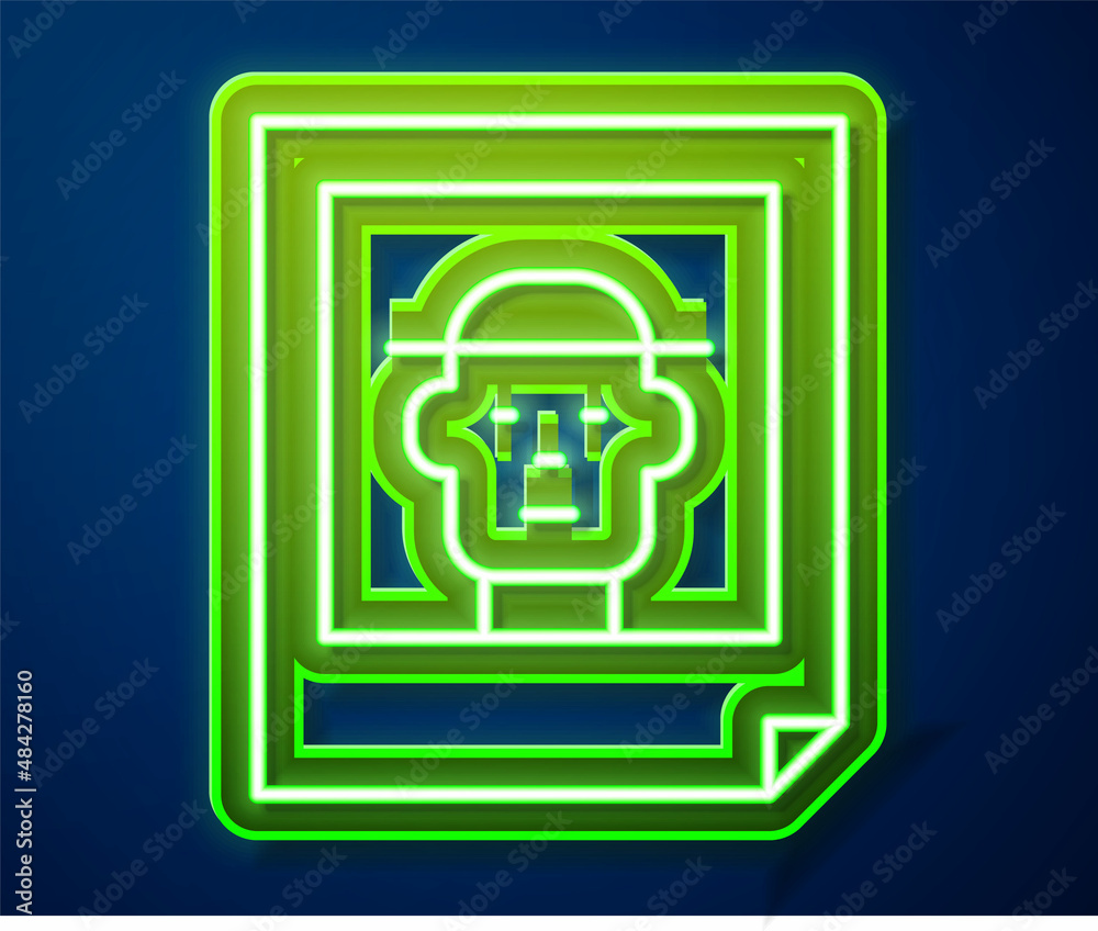 Poster glowing neon line photo icon isolated on blue background. vector