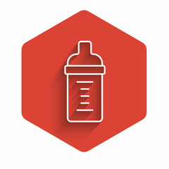 White line Baby milk in a bottle icon isolated with long shadow. Feeding bottle icon. Red hexagon button. Vector