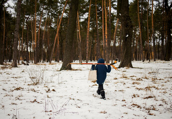 Little boy walking with hockey stick in winter forest, child, sport, action concept.