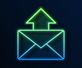 Fototapeta premium Glowing neon line Mail and e-mail icon isolated on blue background. Envelope symbol e-mail. Email message sign. Vector